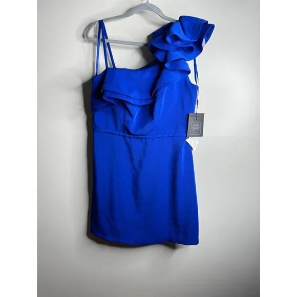 Mac Duggal Royal Blue One Shoulder Ruffle Mini Dress Size 10 - Picture 4 of 5